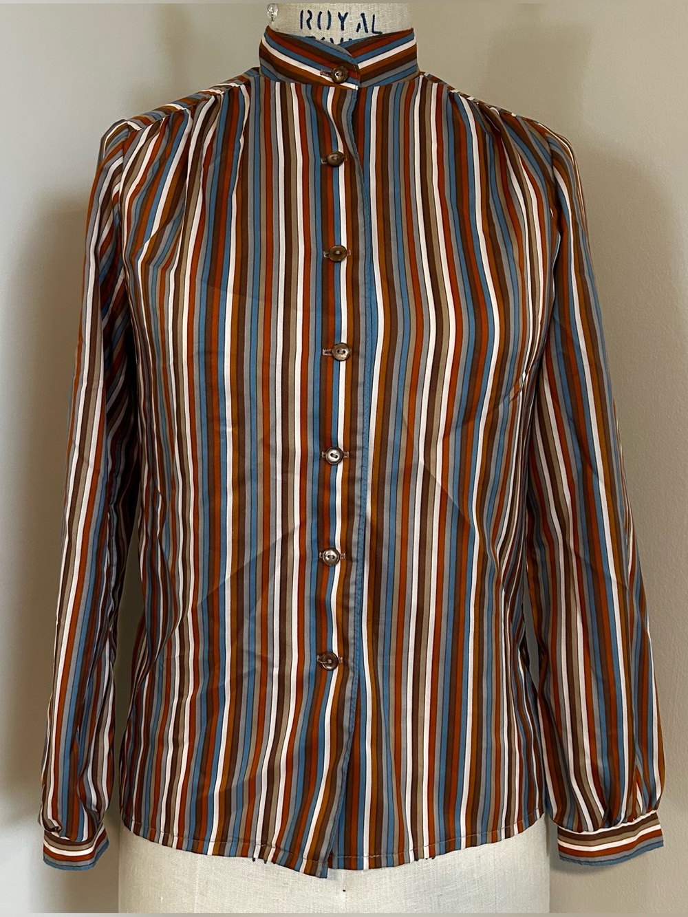 VTG 70s Striped Blouse PS Kevin Stuart Petite Sportswear Polyester Brown Sz 6
